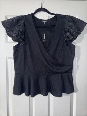 Express Black Embroidered Flutter-Sleeve Wrap Peplum Top